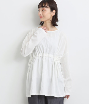 レーヨンナイロンvintagewash加工絞りフレアボリュームブラウス(オフホワイト-ONESIZE)