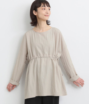 レーヨンナイロンvintagewash加工絞りフレアボリュームブラウス(ライトベージュ-ONESIZE)