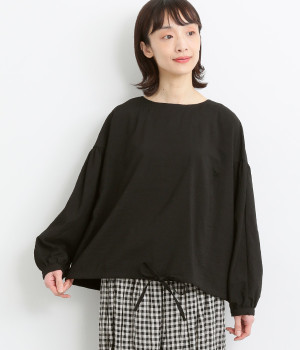 レーヨンナイロンvintagewash加工ギャザー裾絞りドルマンブラウス(ブラック-ONESIZE)