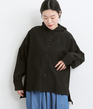 レーヨンナイロンvintagewash加工前後差フードブラウス(ブラック-ONESIZE)