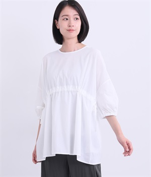 コットンボイル胸絞りボリュームブラウス(オフホワイト-ONESIZE)