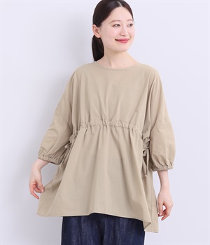 コットンボイル胸絞りボリュームブラウス(グレーベージュ-ONESIZE)