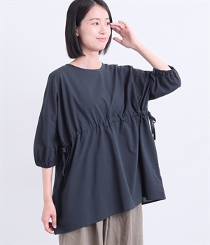 コットンボイル胸絞りボリュームブラウス(ネイビー-ONESIZE)