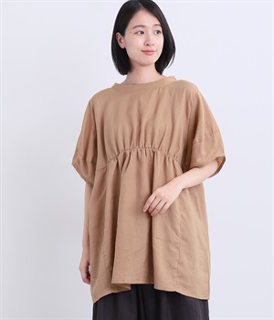 リネンギャザーバルーン袖チュニック(ピンクベージュ-ONESIZE)