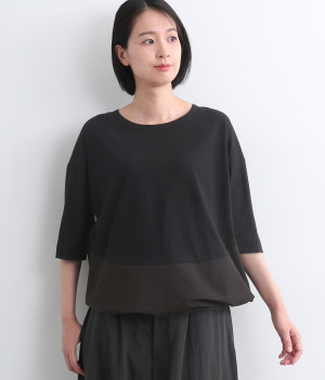 コットン裾布帛切替背面タックＴシャツ(ブラック-ONESIZE)