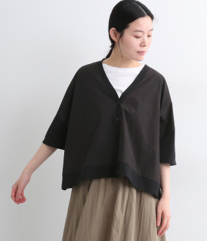 コットン布帛切替Vネックカーディガン(ブラック-ONESIZE)