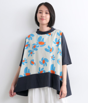 フラワープリント天竺裾カット切替フレアプルオーバー(オフホワイト-ONESIZE)