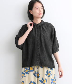 コットンリネンデニムギャザードルマンブラウス(ブラック-ONESIZE)