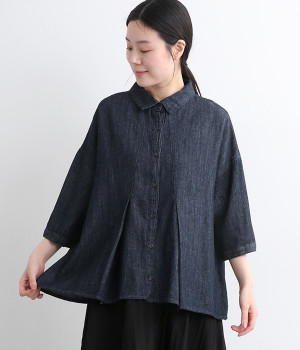 コットンリネンデニムタックフレアシャツ(インディゴ-ONESIZE)