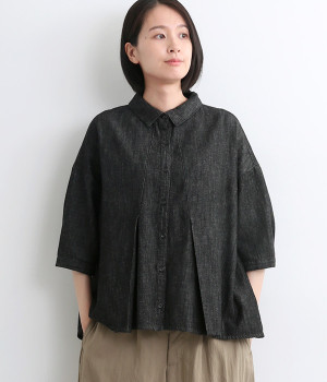 コットンリネンデニムタックフレアシャツ(ブラック-ONESIZE)