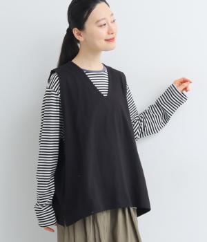 スラブ度詰め天竺ゆったりワイドベスト(ブラック-F)