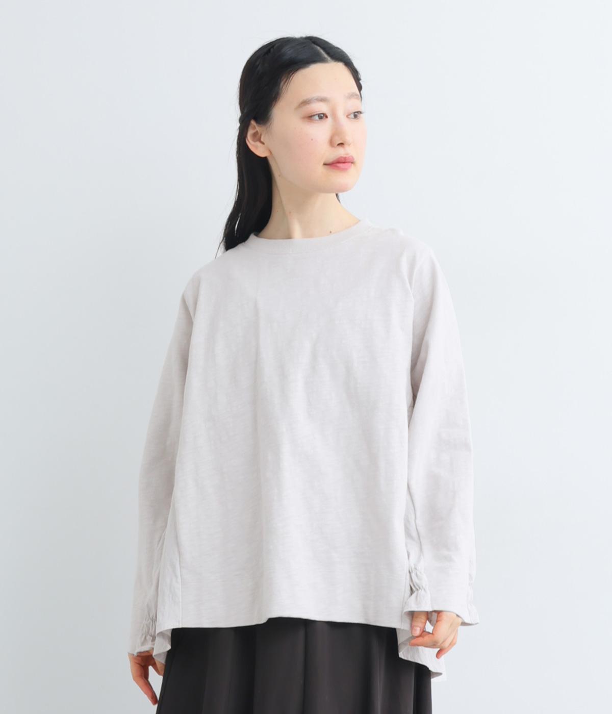 スラブ度詰め天竺後ろ布帛袖ゴムギャザーフレアプルオーバー(ライトグレー-F)