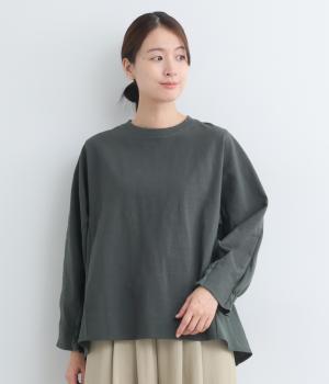 スラブ度詰め天竺後ろ布帛袖ゴムギャザーフレアプルオーバー(チャコール-F)