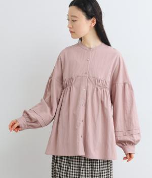 ウォッシュ加工胸元ギャザー切替ブラウス(スモーキーピンク-F)