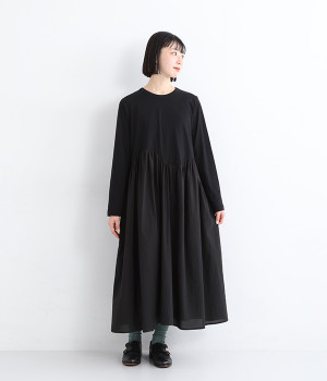 コットン天竺ナミ布帛切替ワンピース(ブラック-ONESIZE)