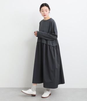 天竺コットンツイル切替ワンピース(ネイビー-ONESIZE)