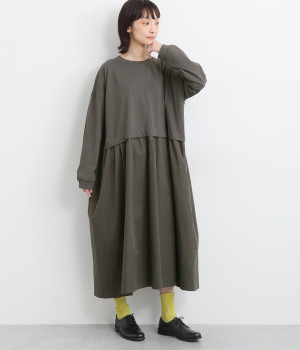 天竺コットンツイル切替ワンピース(チャコール-ONESIZE)
