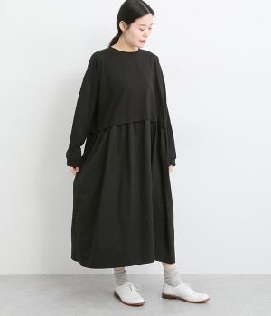 天竺コットンツイル切替ワンピース(ブラック-ONESIZE)
