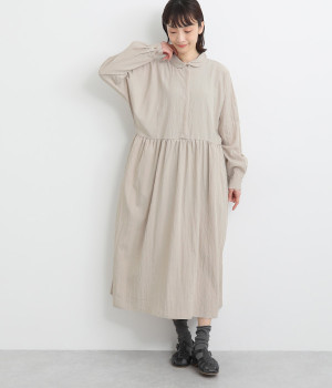 レーヨンナイロンvintagewash加工襟付き切替かぶりワンピース(ライトベージュ-ONESIZE)
