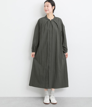 レーヨンナイロンvintagewash加工ボリューム袖タックワンピース(チャコール-ONESIZE)