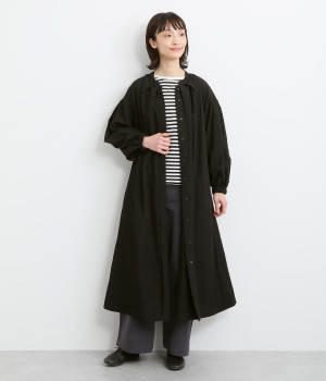 レーヨンナイロンvintagewash加工ボリューム袖タックワンピース(ブラック-ONESIZE)