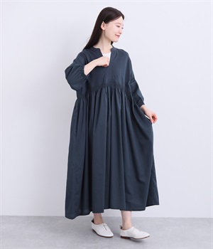 布帛切替ボリューム袖ワンピース(ネイビー-ONESIZE)