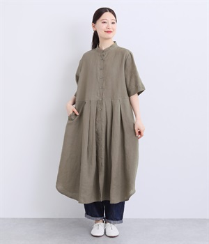 リネン切替シャツワンピース(グレーベージュ-ONESIZE)