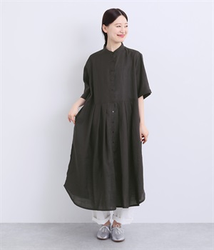 リネン切替シャツワンピース(ダークチャコール-ONESIZE)