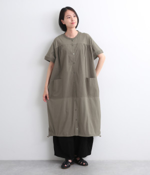コットン布帛切替シャツワンピース(グレージュ-ONESIZE)