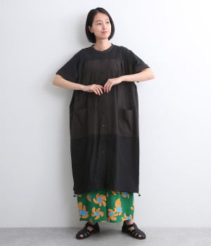 コットン布帛切替シャツワンピース(ブラック-ONESIZE)