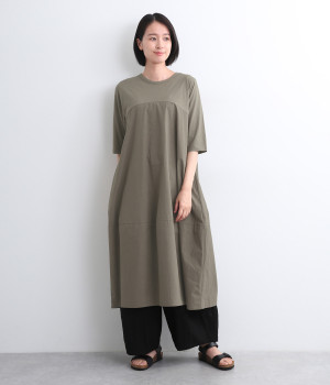 コットン布帛切替バルーンワンピース(グレージュ-ONESIZE)