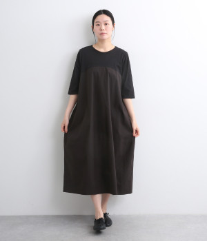 コットン布帛切替バルーンワンピース(ブラック-ONESIZE)