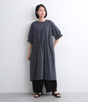 コットン布帛切替ギャザーワンピース(ネイビー-ONESIZE)