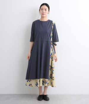 フラワープリント天竺カット切替ウエスト絞りワンピース(ベージュ-ONESIZE)