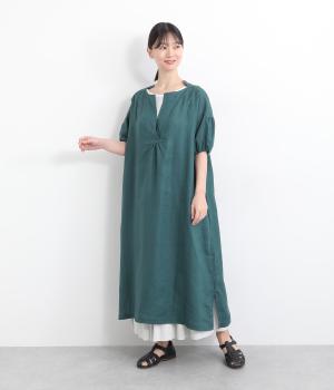 リネンボリューム袖フレアかぶりワンピース(ブルーグリーン-ONESIZE)