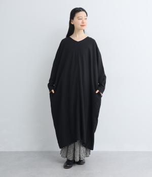 ウォッシュ加工ドルマンコクーンワンピース(ブラック-F)