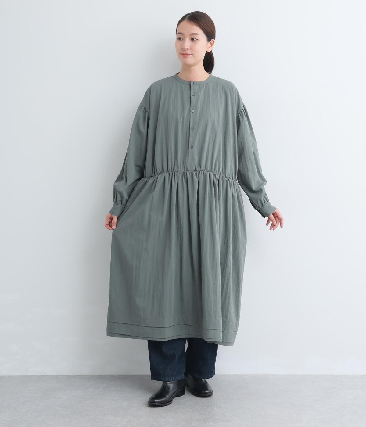 ウォッシュ加工ギャザー切替ワイドワンピース(ブルーグレー-F)