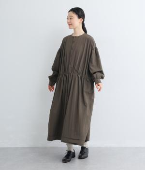 ウォッシュ加工ギャザー切替ワイドワンピース(ダークブラウン-F)