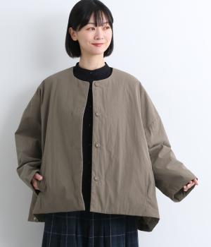 コットンナイロン中綿クルーネックボックスジャケット(グレーベージュ-F)