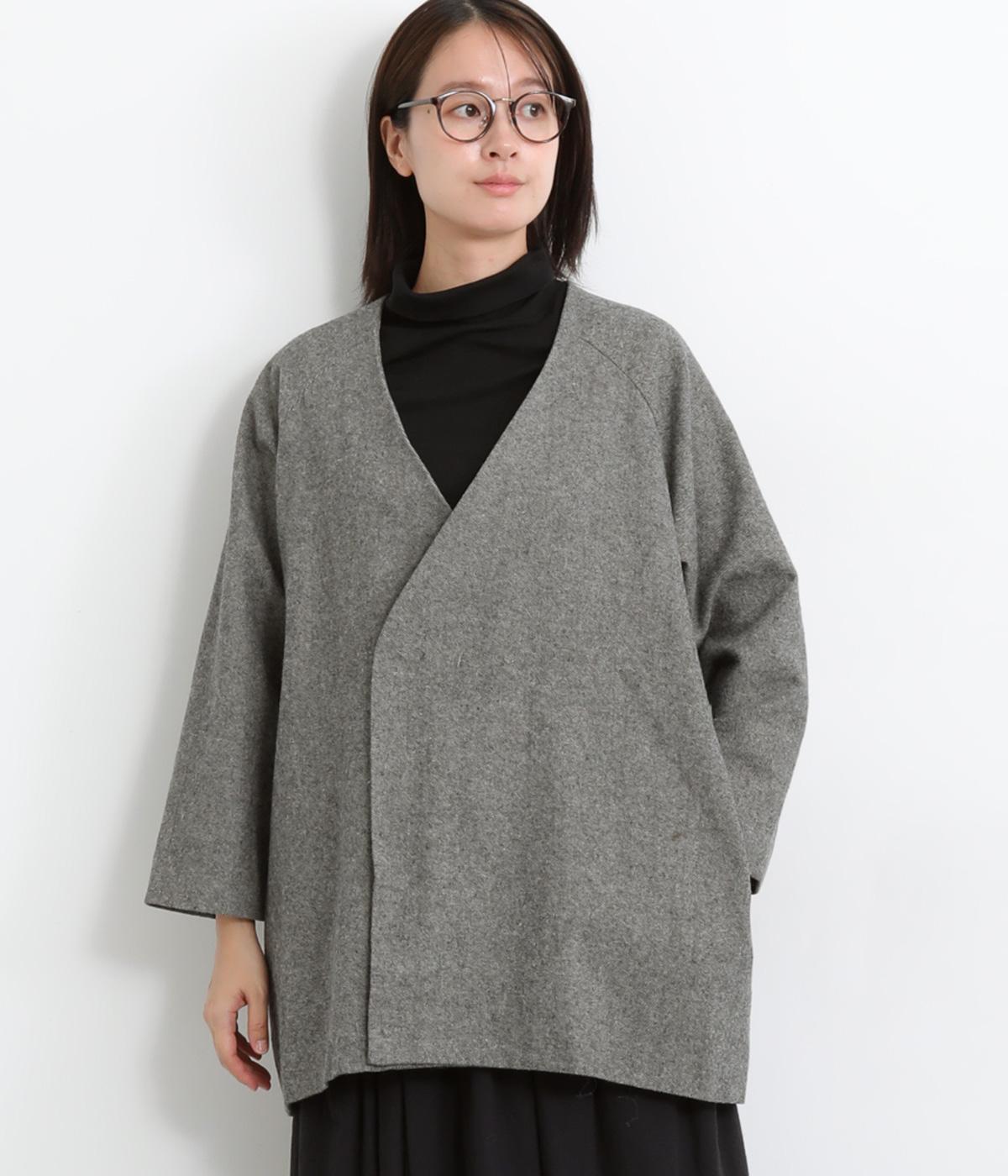 コットンリネン先染めツイル起毛スナップボタンワイドジャケット(グレイ-F)