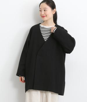 コットンリネン先染めツイル起毛スナップボタンワイドジャケット(ブラック-F)