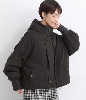 レーヨンナイロンツイル中綿袖リブフード風ブルゾン(ブラック-F)