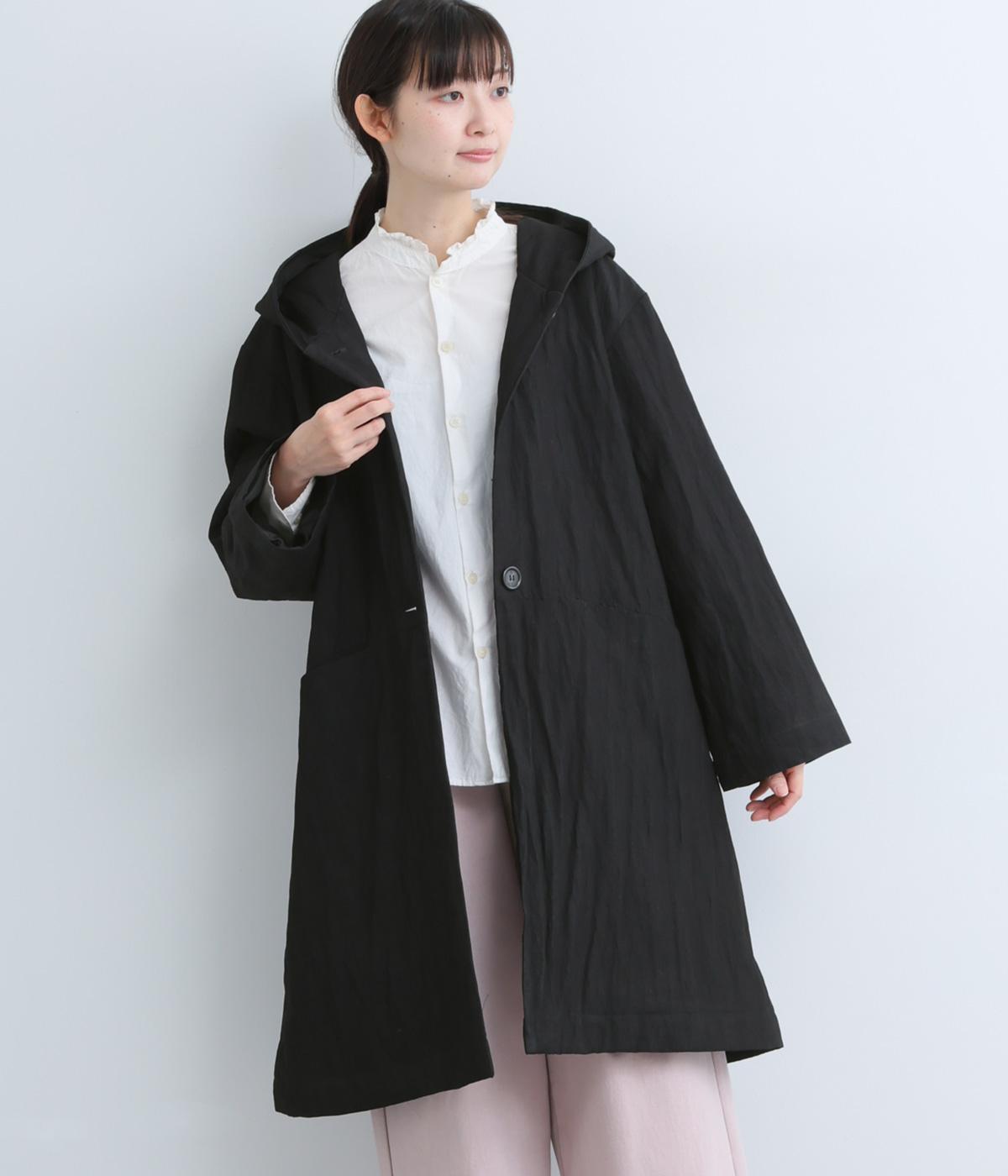 レーヨンナイロンフード付きロングコート(ブラック-F)