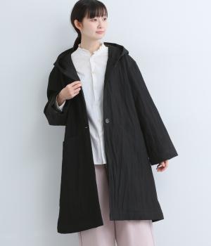 レーヨンナイロンフード付きロングコート(ブラック-F)
