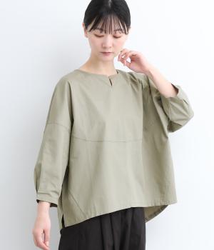 コットンボイル切替タック袖ワイドブラウス(グレー-ONESIZE)