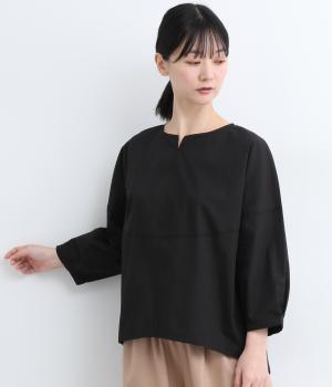 コットンボイル切替タック袖ワイドブラウス(ブラック-ONESIZE)