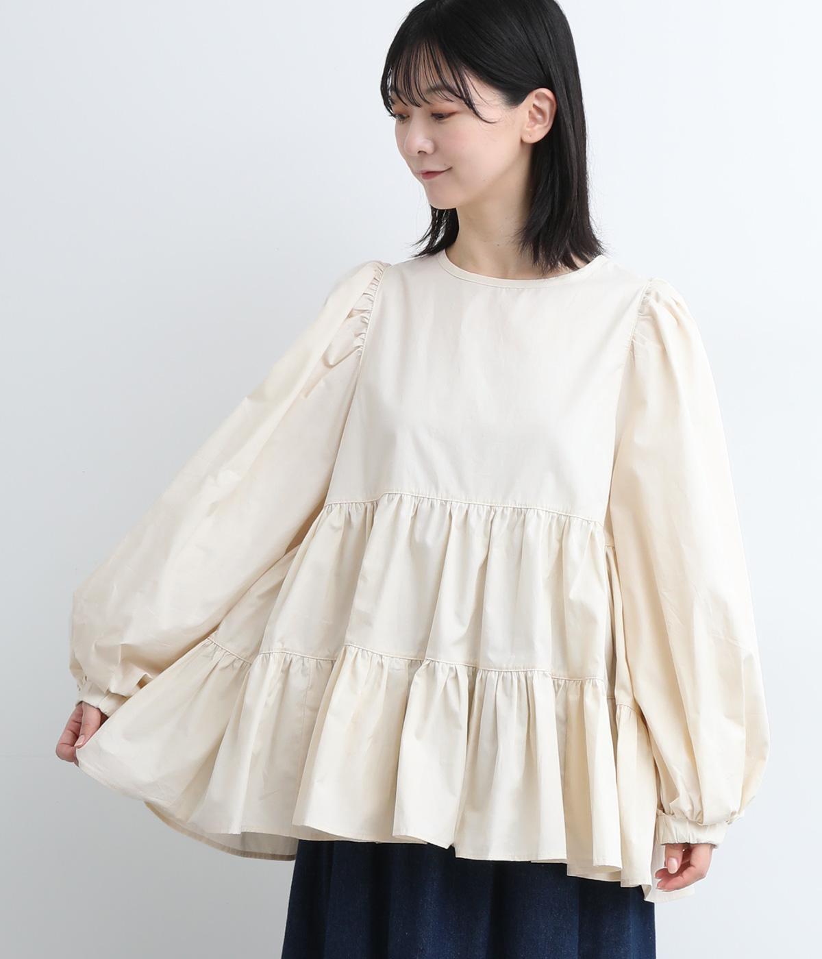 コットンボイルティアードボリュームブラウス(ライトベージュ-ONESIZE)