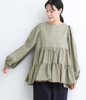 コットンボイルティアードボリュームブラウス(グレー-ONESIZE)