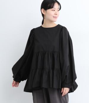 コットンボイルティアードボリュームブラウス(ブラック-ONESIZE)