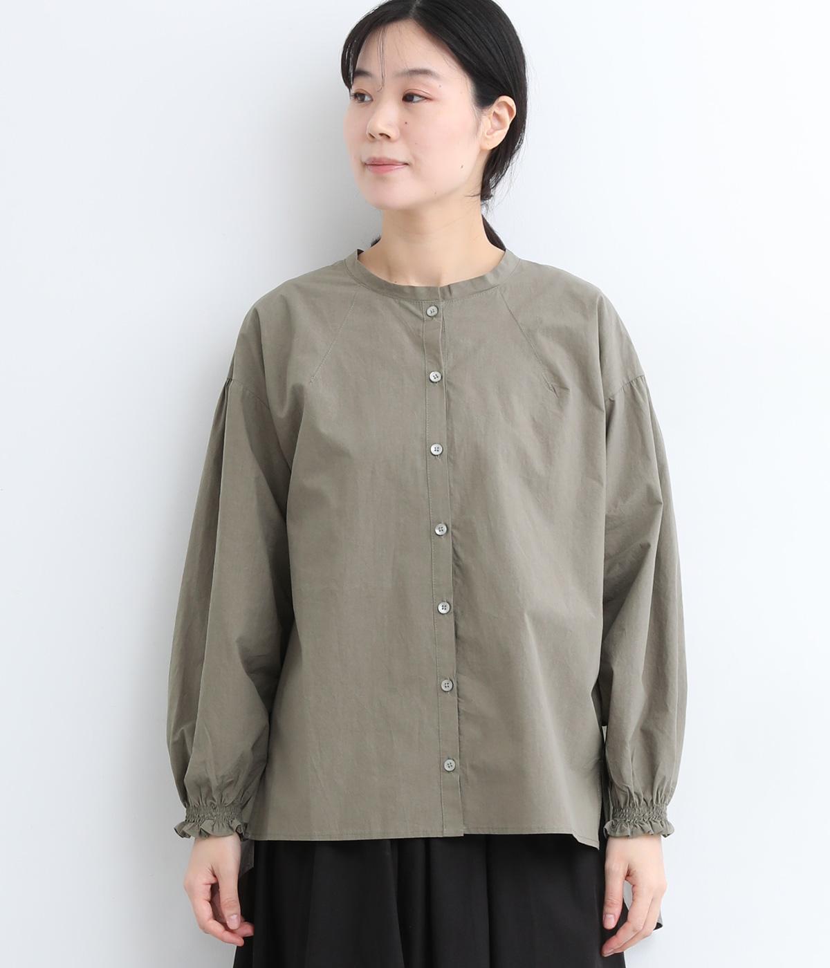 コットン背面ギャザーネッククルーブラウス(グレー-ONESIZE)